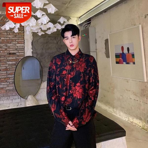 

punk men vitnage casual flower print long sleeve loose shirt male streetwear hip hop party dress floral shirt stage show clot #rq8t, White;black
