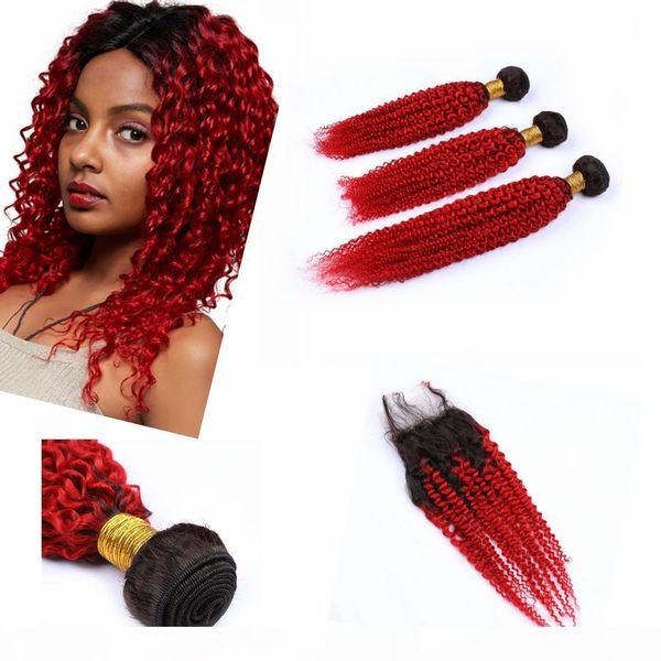 

peruvian virgin hair 3 bundles and closure 4" * 4" dark root peruvian unprocessed hair bundles with closure kinky curly #1b #red, Black;brown