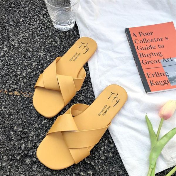 

slippers summer women slipper round toe flat fashion sandals non-slip and comfortable leather outdoor footwear casual beach slides, Black