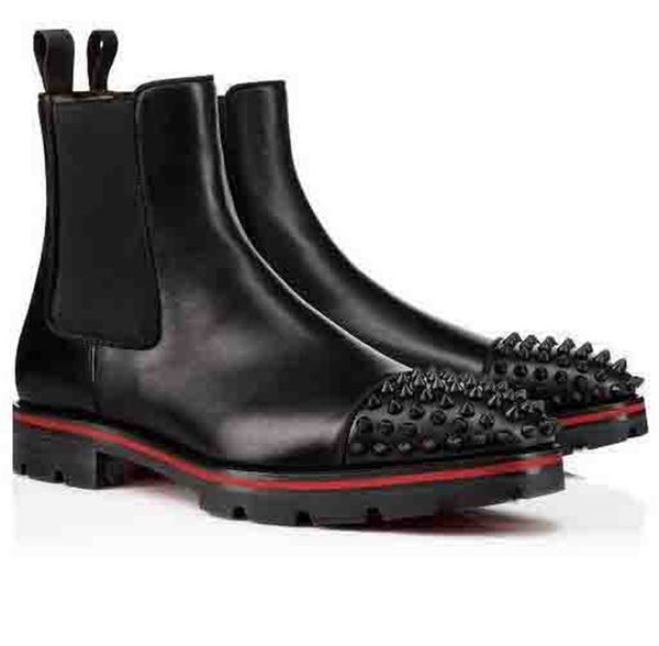 

style luxury designer men shoes ankle boots red bottom melon rivets black calfskin rubber lug sole fashion casual booty party wedding