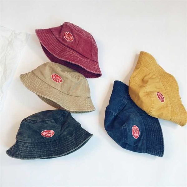 

summer kids hat korean washed denim letter children's fisherman hat 211023, Yellow