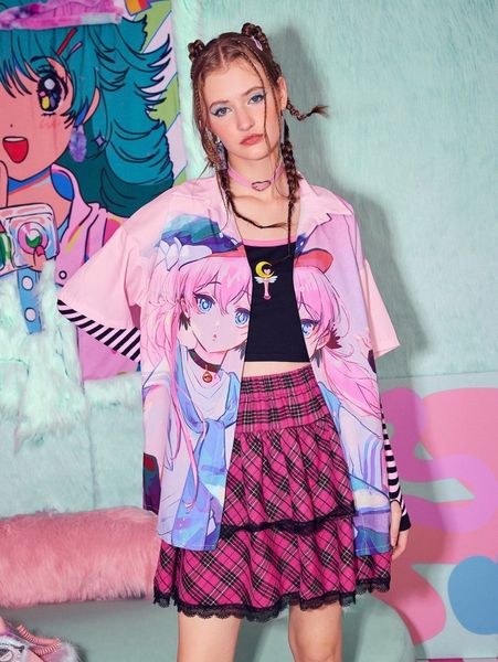 

romwe x gundamwindcar animeluv figure graphic button front blouse y0rf#, White