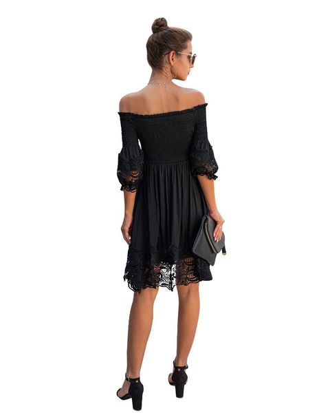 

casual dresses women summer autumn skirt, fashion solid color lace splicing off-shoulder half sleeve slim-waist dress for ladies, Black;gray