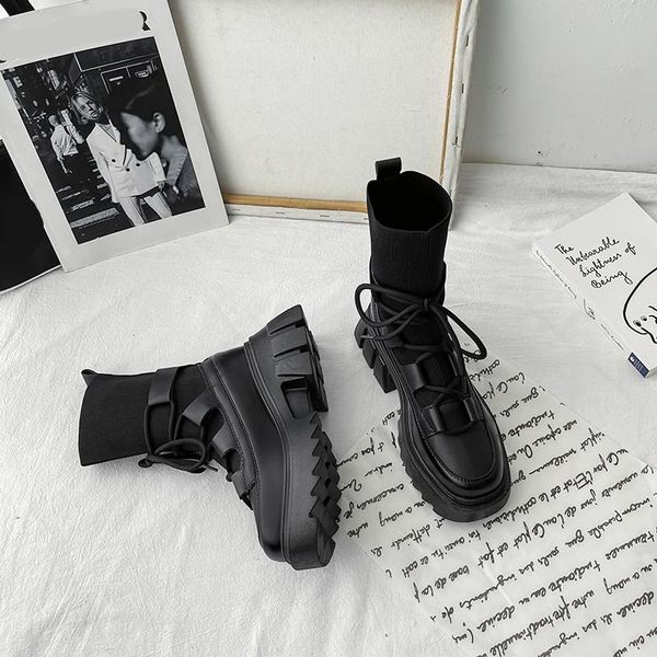 

boots summer women round toe shoes boots-women lace up flat heel luxury designer rock ladies 2021 rubber ankle autumn lolita hig, Black