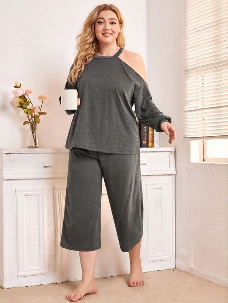 

plus cut out drop shoulder pj set q7su#, Black;white