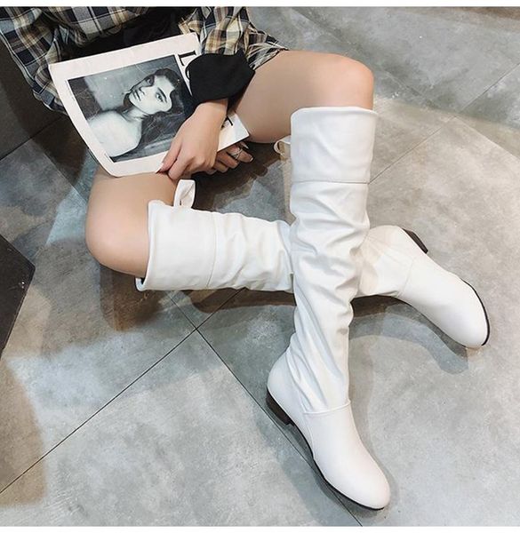 

boots woman knee high red black white tall pleated low heel casual leather autunm winter female long shoe women