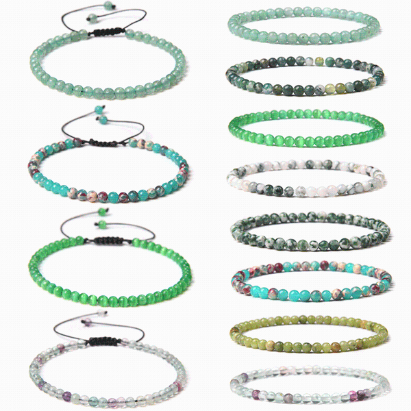 

beaded, strands 4 mm natural green aventurine stone beads bracelets men black rope braid bracelet women elastic jewelry polish fluorite puls