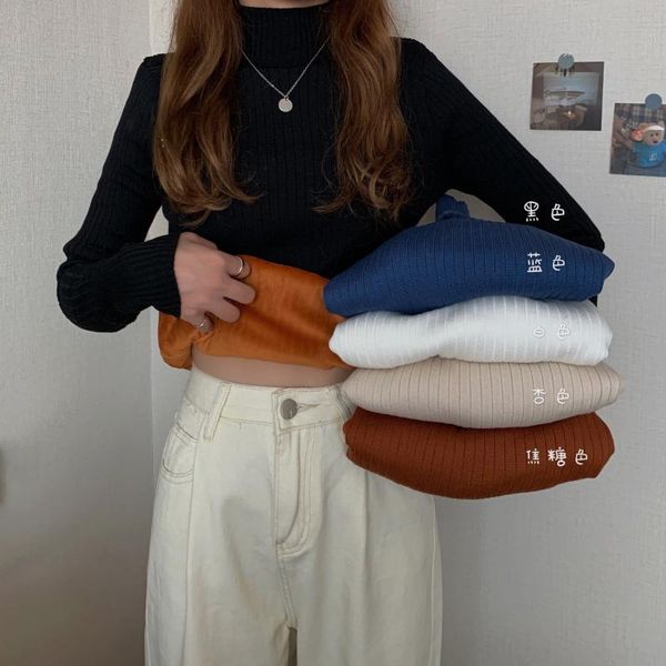 

women's sweaters half high neck sweater autumn and winter plush thickened inner bottom shirt 2021 slim knit top, White;black