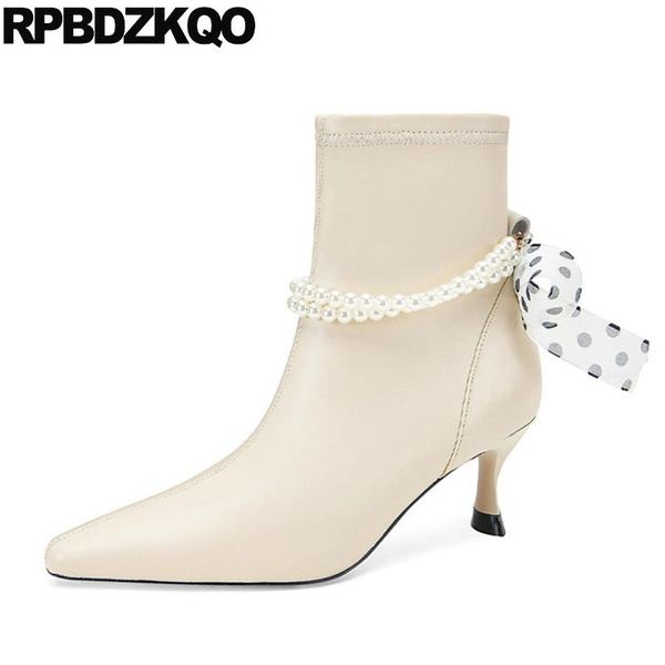 

boots ladies ankle bow stretch black bridesmaid women white wedding girls pointed toe trend high heel bride shoes pearl stiletto