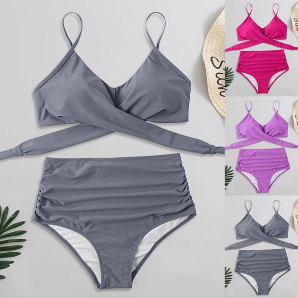 

women's swimwear high waist bikini sets summer solid color split two-piece halter swimsuit lace up two pieces, White;black