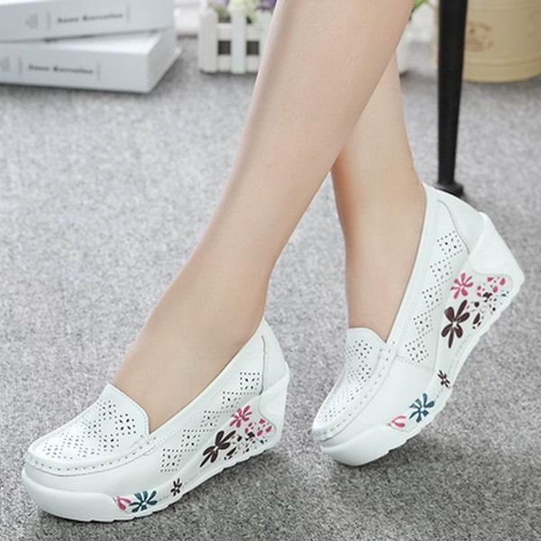

dress shoes women's genuine leather platform wedges white lady hollow printing casual swing mother size 35-40, Black