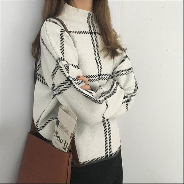 

sweaters womens knitted turtleneck long sleeve plaid pullovers autumn winter elegant femme checked sweater women knitwear mujer, White;black