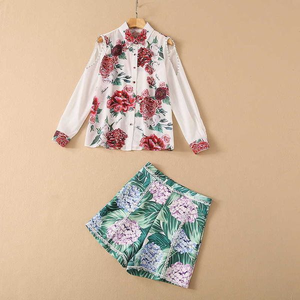 

european and american women's wear for spring 2021 peony print shirt with long sleeves hydrangea printed shorts fashion suits, White