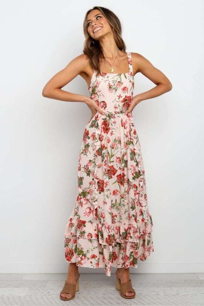 

2020 open back suspender square neck print dress, Black;gray