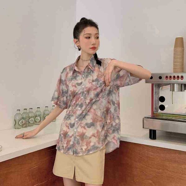 

women's two piece pants tie dye summer fashion blouses short sleeve shirts for women button up collared designer shirt 734q, White
