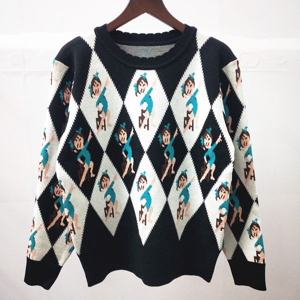 

womens sweater designer long sleeve new fashion womens new new diamond check cartoon pullover women's sweater in winter, White;black