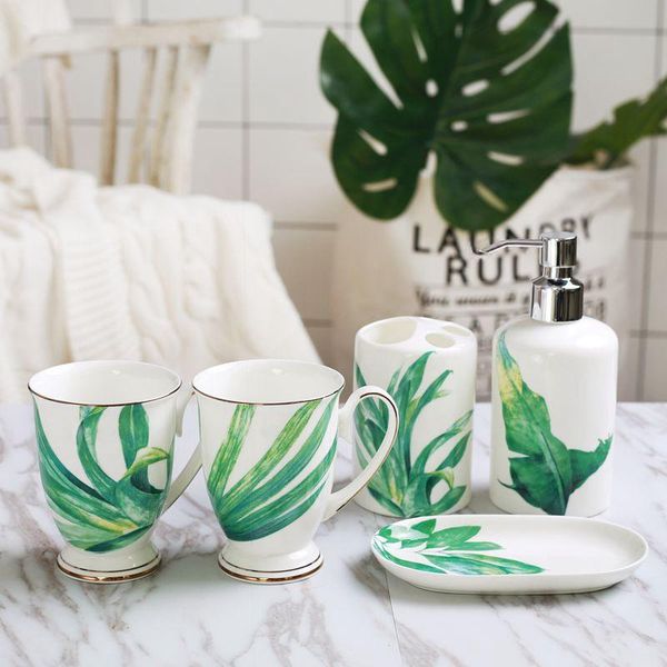 

bath accessory set 5pcs fashion plants bathroom household wash brush cup, liquid soap dispensers, dishes