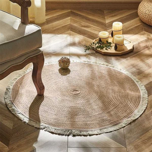 Tapete redondo para a sala de estar Rattan tapetes de tecelagem com borlas tapete de cabeceira casa decoração moderna estilo country quarto tapetes 211204