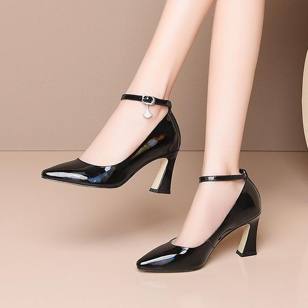 

dress shoes fashion genuine leather women buckle pumps shallow poined toe ankle strap high heels spring party prom woman, Black