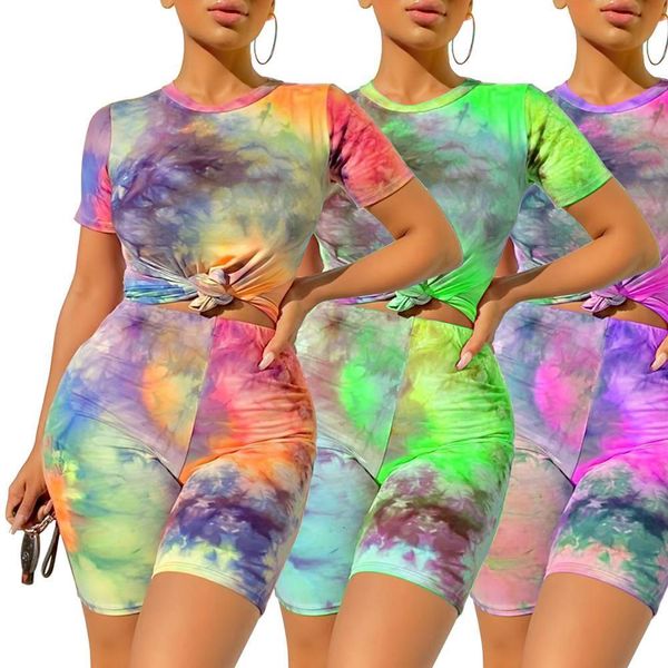 

2021 new fashion women summer tie-dye printed casual printed shorts two-piece set sports set tracksuits, Gray