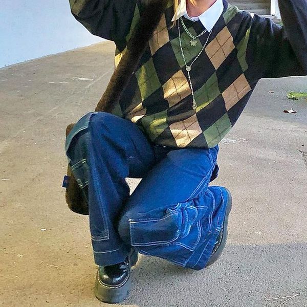 

y2k fashion big pockets womens jeans pants high waist female wide leg trousers streetwear 90s outfits denim pants, Black;white