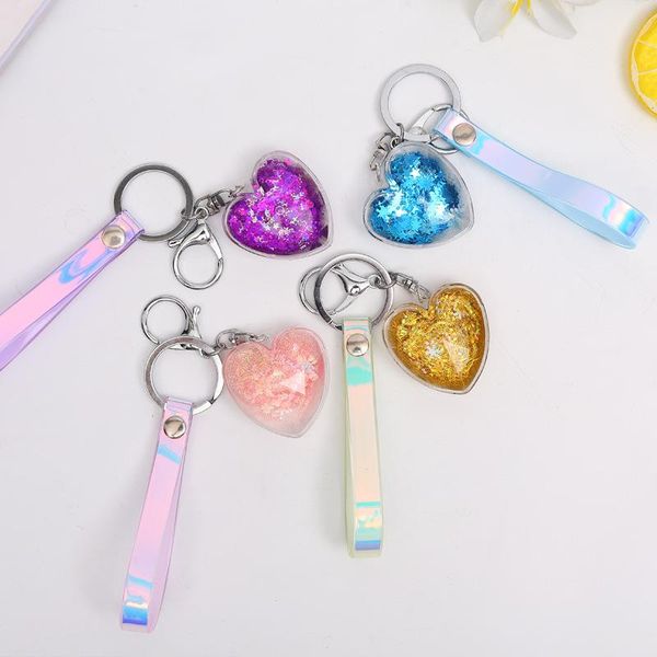 

keychains creative heart quicksand key chains women laser pendant magic love ring cute moving liquid keychain car gifts bag chain rope, Silver