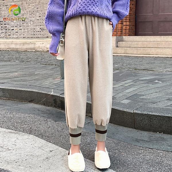 

women's pants & capris fashion women woolen autumn winter warm trousers elastic waist casual female solid loose pantalon femme, Black;white