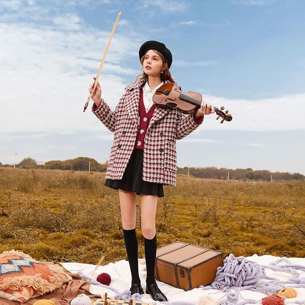 

women's wool & blends shzq plaid coat 2021 autumn and winter korean thousand bird lattice small fragrant medium long woolen, Black