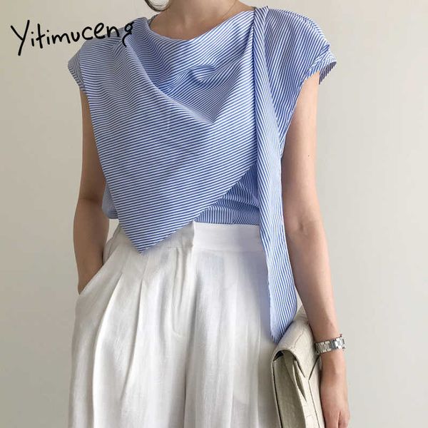 Yitimuceng Irregular Blusa Mulheres Oversize Striped Shirts Coreano moda de manga curta luz azul escuro azul tops verão 210601