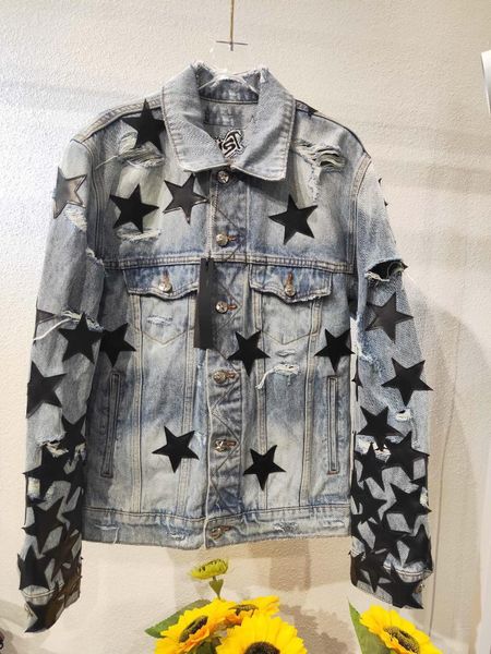 

men's jackets men allover star patches distressed denim jacket, Black;brown