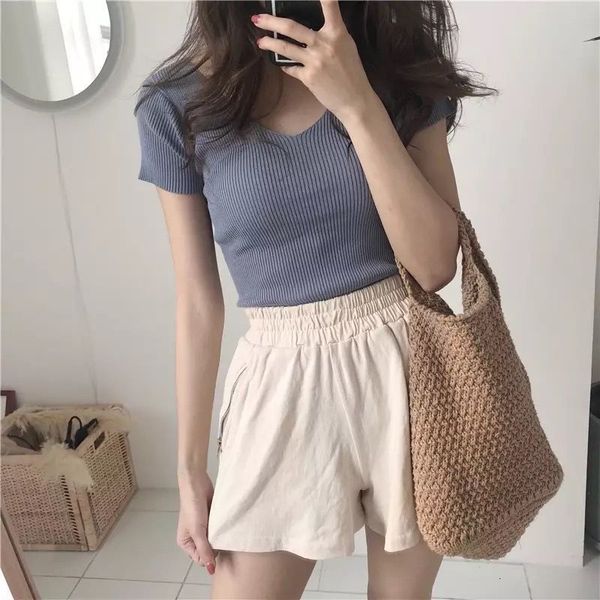 

solid summer knitted sleeve short women's shirt ulzzang v-neck elastic t-shirt vogue vintage female rh4t, White