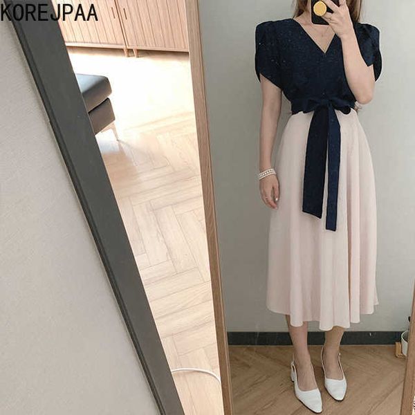 

korejpaa women dress summer korean chic ladies french v-neck crossover design strappy bowknot stitching puff sleeve vestido 210526, Black;gray