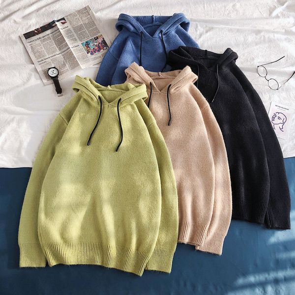

2021 new autumn and winter hooded sweater men's warmth fashion solid color casual knitted pullover men loose korean sweaters mens cloth, White;black