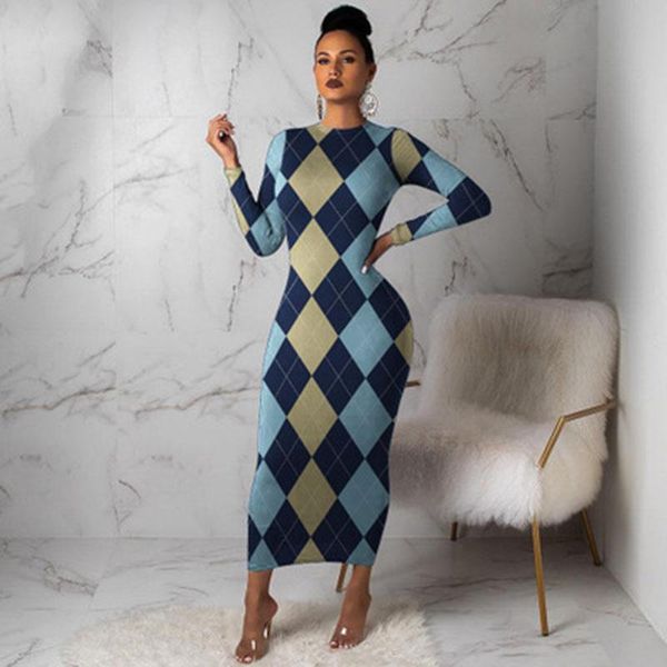 

casual dresses 2021 fashion club party women print dress long sleeve bodycon bandage lattice, Black;gray