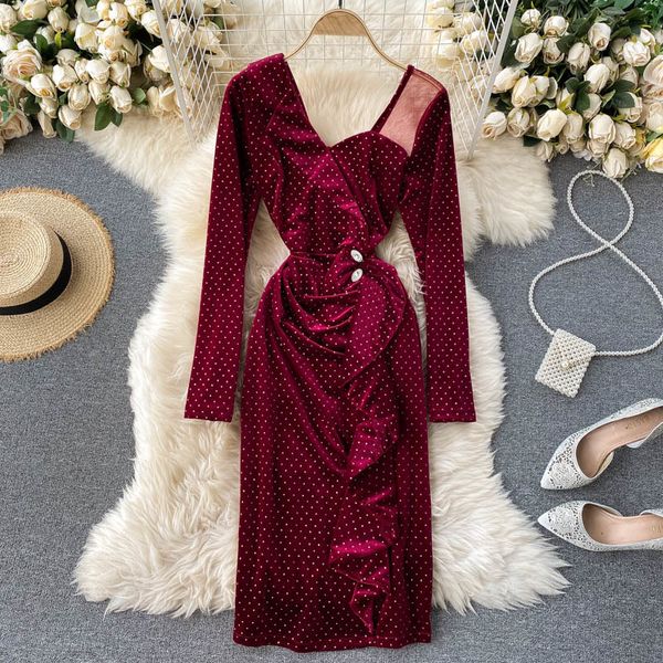 

2021 vintage black/red polka dot veet midi women long sleeve vestidos elegant high waist ruffle party es female b56x, Black;gray