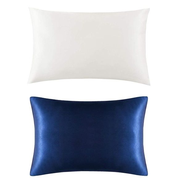

pillow case 2 pcs natural pure mulberry silk pillowcase for hair and skin, 600 thread count 50x75cm, ivory white & navy blue