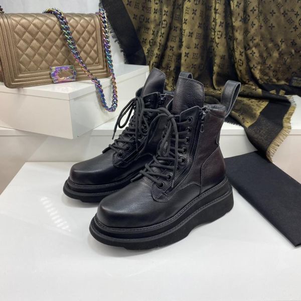 

boots women's platform patchwork lace motorcycle booties round toe zipper ankle couple zapatos de mujer size34-45, Black