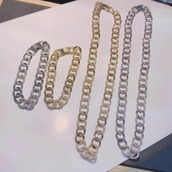 

earrings & necklace statement cuban link chain choker bracelet 2pcs bridal zirconia sets for women jewelry n0453, Silver