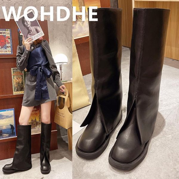

boots wohdhe leather over knee long modern boot splicing cashmere platform mid heel women 2021 thick sole botas mujer, Black