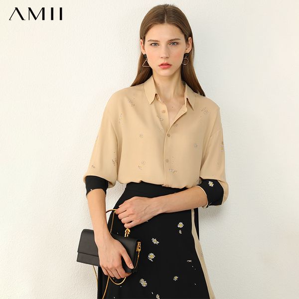 

amii minimalism autumn women shirt fashion printed spliced loose women's blouse lapel full sleeve female shirt 12040882 210225, White