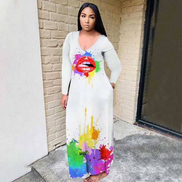 

casual dresses zkyzwx splash ink lips print bodycon dress for women birthday outfits fashion v-neck long sleeve streetwear, Black;gray