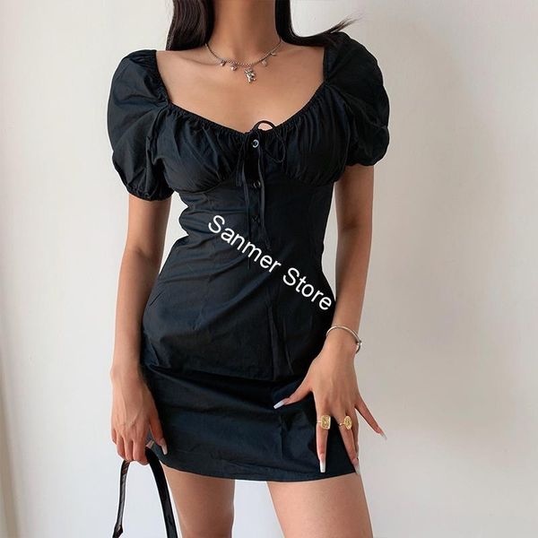 

2021 new mulheres lace-up mini vestido decote elstico sopro preto manga curta vestidos com botes vero 2hg7, Black;gray