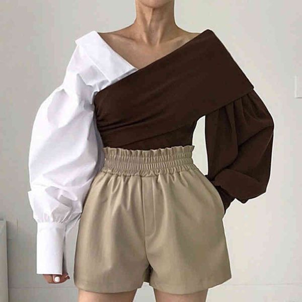 

women's sweaters [ewq] korean chic autumn winter cross v-neck off shoulder contrast color stitching bubble sleeve black t-shirt 16e4533, White;black