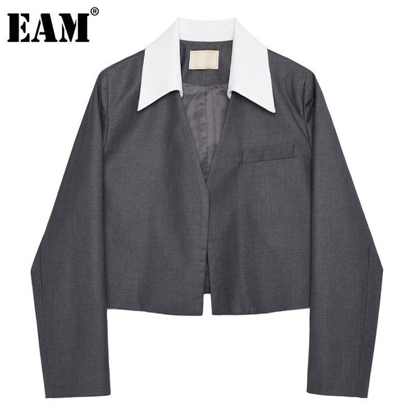 

women's suits & blazers [eam] women gray shoulder paded short straight blazer lapel long sleeve loose fit jacket fashion spring autumn, White;black