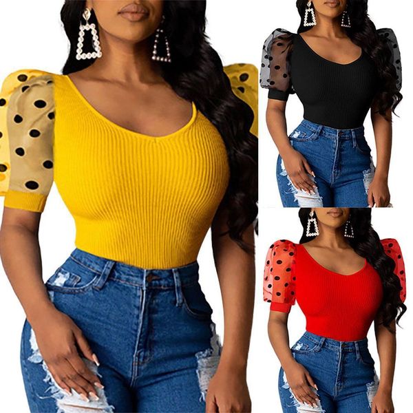 

summer ladies women vintage short sleeve low cut rib polka dot puff sleeve skinny club fashion t shirts, White