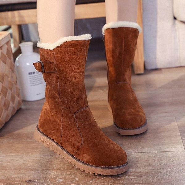 

boots 2021 women's snow boot long warm plush inside flock winter shoes plaftform lapel flanging thicken buckle, Black