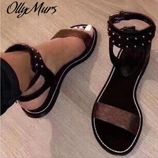 

sandals ollymurs spring summer metal studded flats shoes women, Black