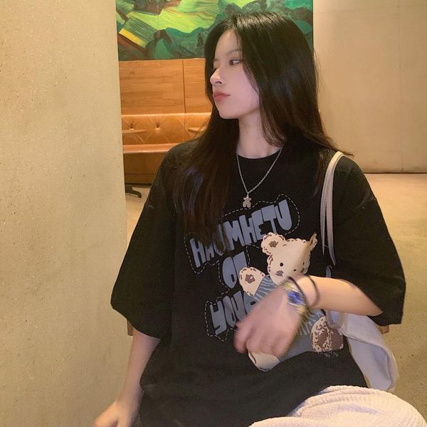 

women's t-shirt summer bear print loose round neck short-sleeved mid-length college style all-match casual women, White