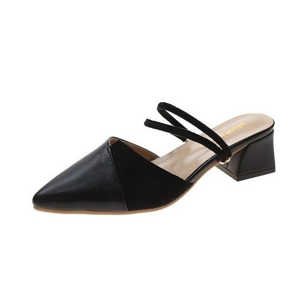 

women mules slipper pointed toe block strap closed shallow high heels shoes sandals black beige square heel pumps