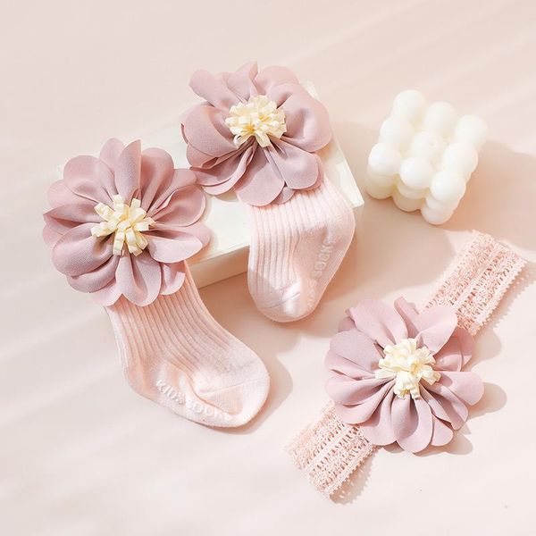 

socks spring and autumn 0-24m baby girls flower bow princess born solid color warm comfortable with headwear, Pink;yellow